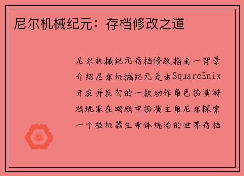 尼尔机械纪元：存档修改之道
